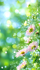 Pink daisies glistening with water droplets against a bright, bokeh-filled background