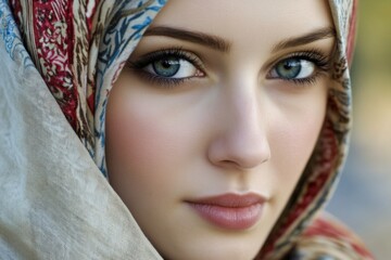 close up of beautiful european woman with hijab