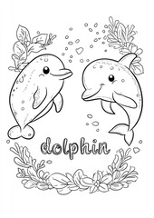 Two cute dolphins in ocean floral frame, coloring page