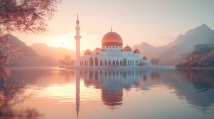 Obraz premium Serene Sunrise Mosque by the Lake