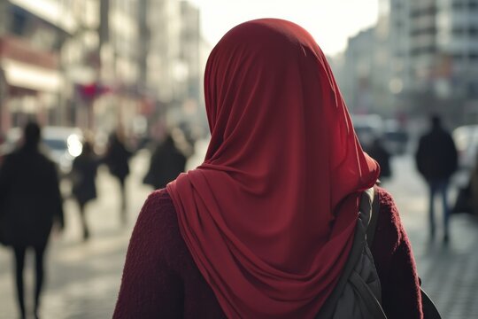 back of a woman wearing red hijab