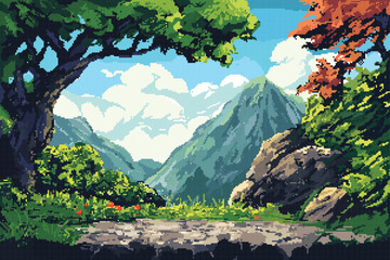 pixel art game level background, 8 bit, landscape, arcade video game, mountains trees. Retro 8 bit video game interface computer game level up background. Vector pixel art illustrat