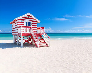 Obraz premium Red and white lifeguard hut on a pristine beach under a vibrant blue sky