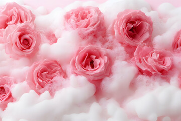 Pink roses nestled in fluffy white foam on a pink background