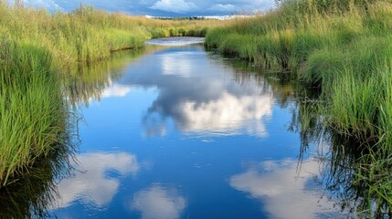 Fototapeta premium A warm summer afternoon, a small river reflecting the blue sky --ar 16:9 --v 6.1 Job ID: 610bf6a9-f968-481a-b748-022867019938