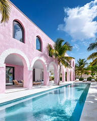Pink stucco villa with arched colonnade, long pool, and palm trees under a bright sky