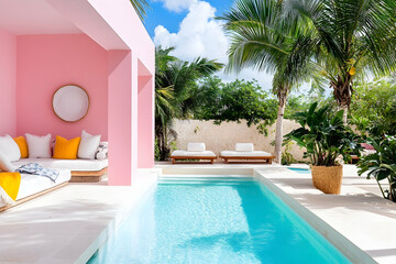 Pink villa with private plunge pool, outdoor lounge, and tropical landscaping