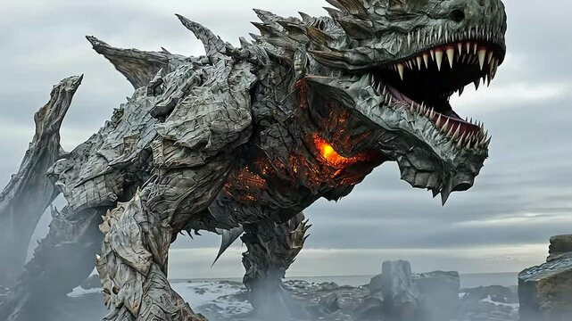 Scaled beast stands tall with an open, toothy maw against a misty backdrop
