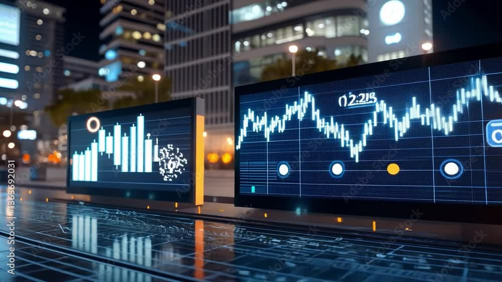 Poster tech financial display: a digital display showcasing financial data and analytical charts in an urba