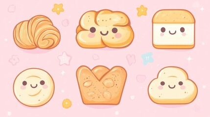 Fototapeta premium Cute cartoon bread collection, bakery illustration, pink background, food design, website graphics
