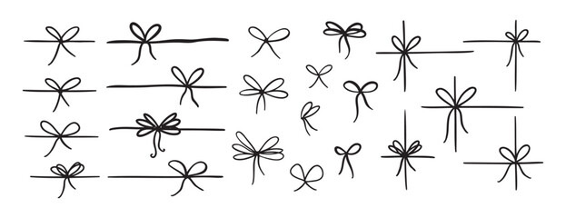 Bow gift ribbon hand drawing line element set. Outline drawing ribbon bow line clipart symbol