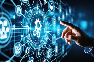 Automation of business or robotic process RPA technology. Transfer of data between application. Businessman touching gears icon on network connection.