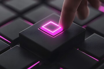 Finger presses a glowing button on a technological cube array