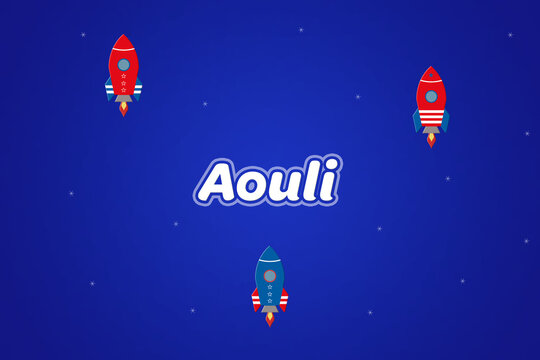 Aouli male boy name illustration in blue with rockets.