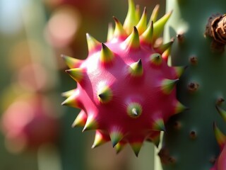 Fototapeta premium Spiky red cactus fruit with green tips, close-up