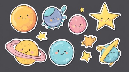 Cute cartoon planets and stars; space stickers; dark background; kids' design