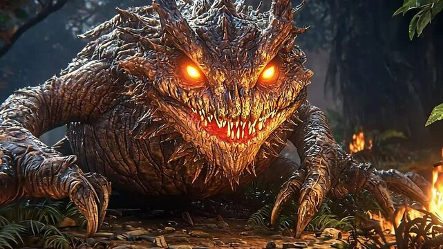 Spiked creature with glowing eyes sits in a forest near a small fire