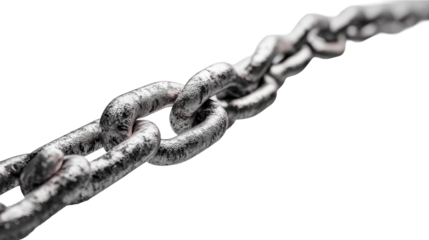 Metallic silver chain links, interconnected, strong, cracked, isolated, cut out transparent