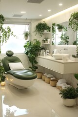 A modern medical spa room with green plants and equipment