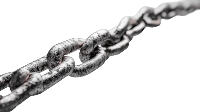 Metallic silver chain links, interconnected, strong, cracked, isolated, cut out transparent