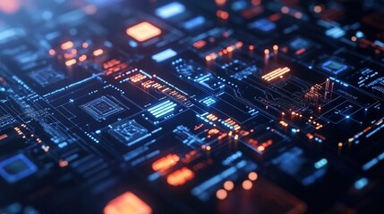 Obraz premium Abstract digital circuit board with glowing lines and components.