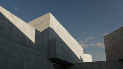 Low angle of a modern concrete building against a blue sky with moon.