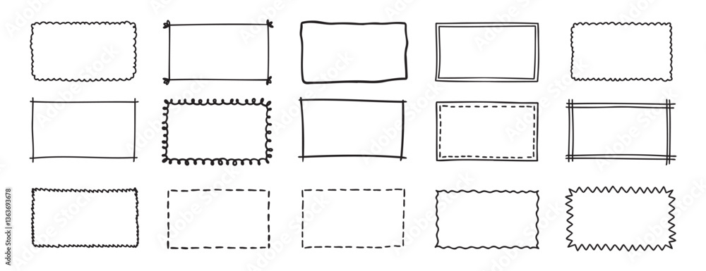 Poster doodle hand drawn rectangle frames set. rectangle shape. scribble pencil square empty text box. line