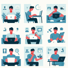 vector young man playing laptop 