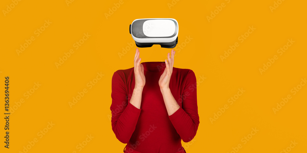 Leinwandbilder User interacts with a virtual reality headset, immersed in modern technology. The setting features a bright background, showcasing the innovative gadget and the user's hands in an engaging pose.