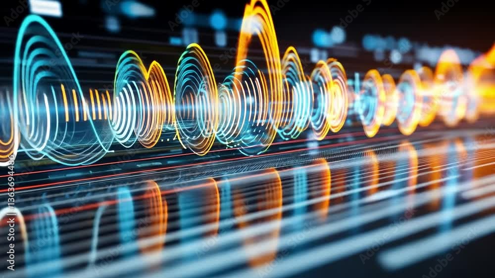 Poster soundwave symphony: dynamic waveforms pulse with energy, a symphony of light and information visuali