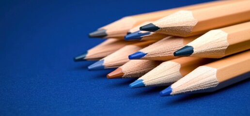Obraz premium Pencils on blue background sharp wooden