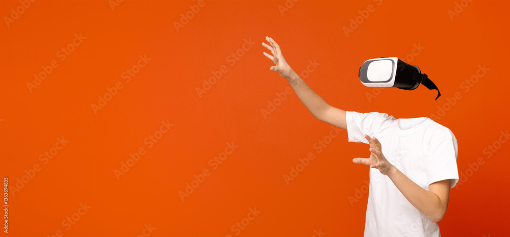 Aufkleber a user interacts with virtual reality technology, wearing a headset and glasses. the background feat