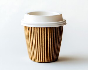 Single brown paper coffee cup with white lid on white background.