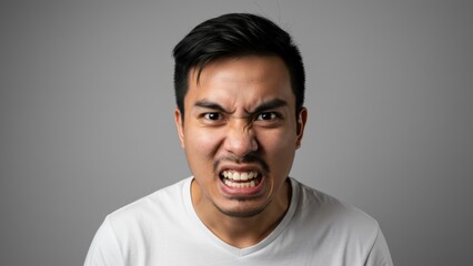 Obraz premium A man expresses intense anger, his face contorted into an aggressive scowl.