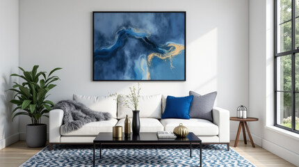 Minimalist home interior design of modern living room with a white modular sofa adorned with several bright blue pillows, modern abstract art on wall