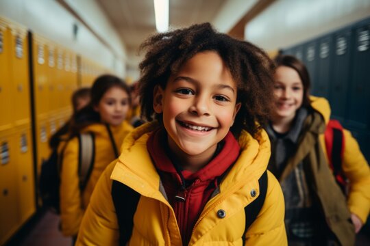 Portrait of a diverse kids students in elementary school hallway with lockers