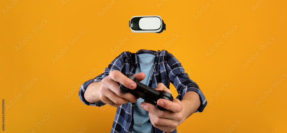 Aufkleber A person actively utilizes virtual reality goggles and a gaming controller with no visible head or face, set against a vibrant yellow background. The focus is on the immersive experience.