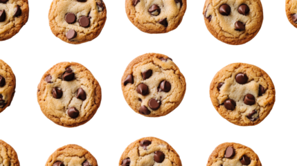 Chocolate chip cookies pattern on black background, cut out transparent