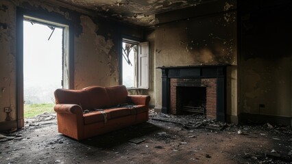 Burnt room after a fire, with a sofa and a fireplace. Damage and decay.