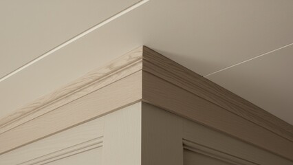 Fototapeta premium Close-up of molding and corner trim details against a neutral beige ceiling.