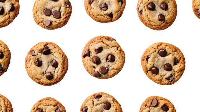Chocolate chip cookies pattern on black background, cut out transparent