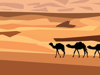 Desert, camels, caravan. Egypt sands. Landscape. Vector illustration.  Digital art. Traveling,  tourism. World.
