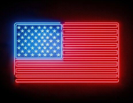 Neon american flag sign with stars and stripes on dark background