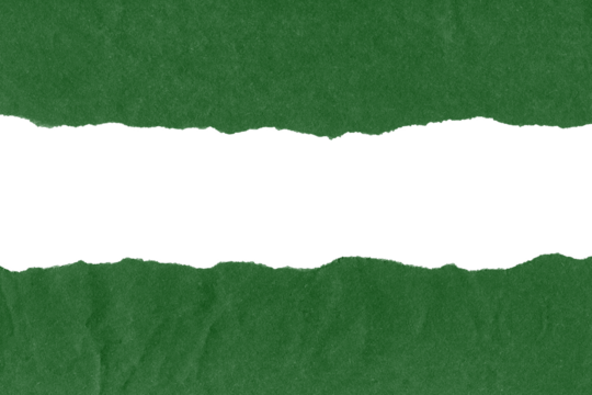 Torn blank green pages with uneven texture edges. Ripped paper sheets isolated on transparent background.	