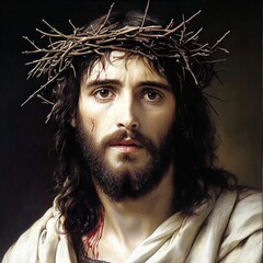 Portrait of Jesus Christ wearing a crown of thorns, symbolizing sacrifice, suffering, and redemption, often associated with Holy Week and the Passion of Christ.