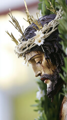 Fototapeta premium Portrait of Jesus Christ wearing a crown of thorns, symbolizing sacrifice, suffering, and redemption, often associated with Holy Week and the Passion of Christ.