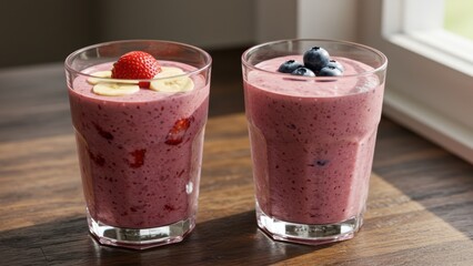 Two berry smoothies topped with fruit, sitting on a wooden surface.