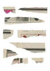 Set of torn pieces of newspaper isolated on transparent background.	