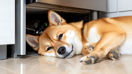 A dog is laying on the floor in a kitchen. AI Generated
