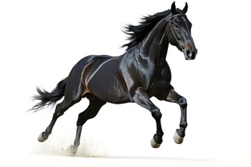 Galloping Black Horse Powerful Movement Against White Background Isolated Shot